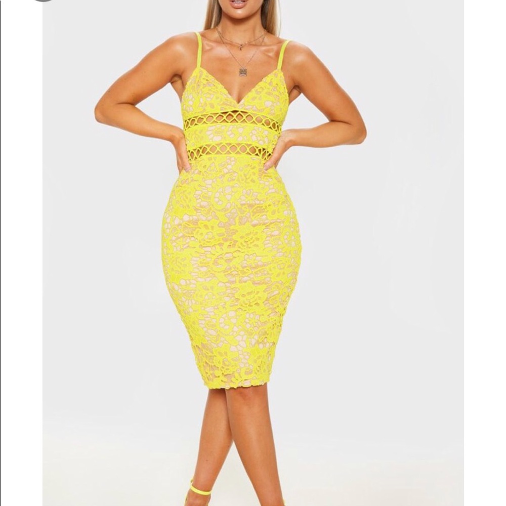 Pretty Little Thing Yellow Lace Cami Midi Dress